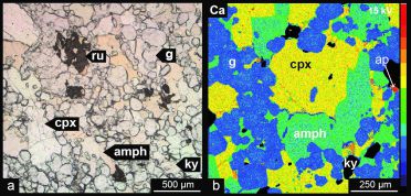 (a) photomicrographs (plane polarized light) an (b), X-ray maps for Ca of the fresh eclogite